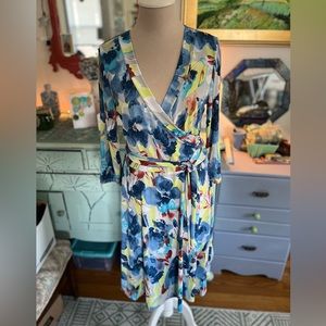 Janette Wrap Dress M Blue Yellow Watercolor Print VGUC Stretch Business Wear